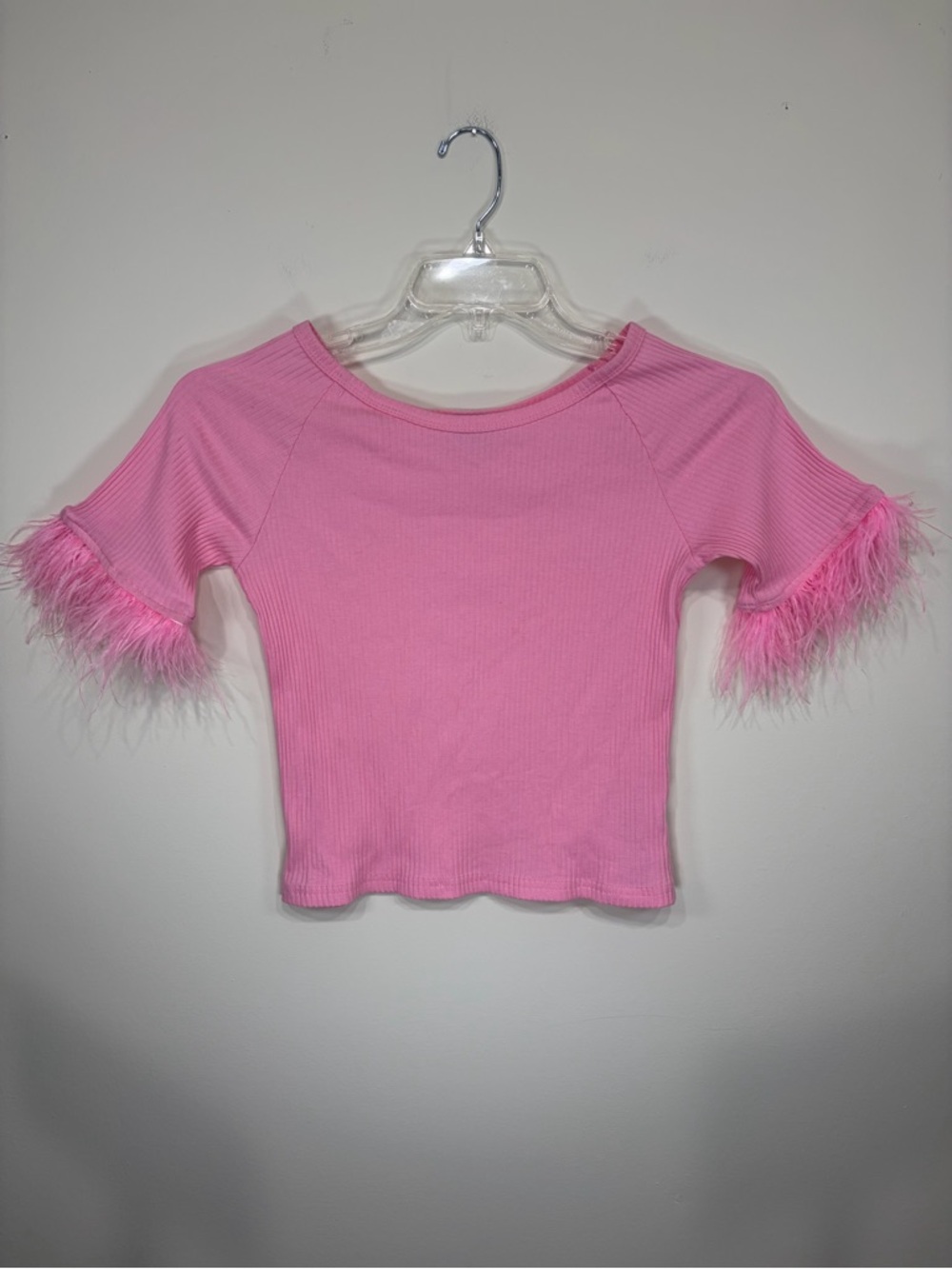 Lola And The Boys Kids Feather Baby Tee Pink Ribbed Whimsical Glam Size Small